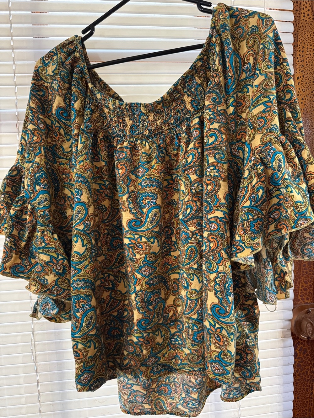 Cato Teal and Mustard Paisley Off-Shoulder Blouse